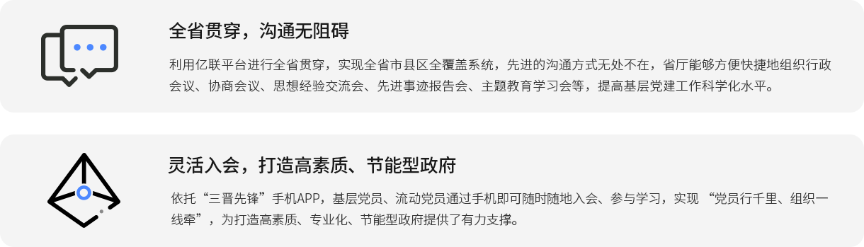全省貫穿，溝通無阻礙 利用億聯(lián)平臺進行全省貫穿，實現(xiàn)全省市縣區(qū)全覆蓋系統(tǒng)，先進的溝通方式無處不在，省廳能夠方便快捷地組織行政會議、協(xié)商會議、思想經(jīng)驗交流會、先進事跡報告會、主題教育學習會等，提高基層黨建工作科學化水平。 靈活入會，打造高素質(zhì)、節(jié)能型政府 依托“三晉先鋒”手機APP，基層黨員、流動黨員通過手機即可隨時隨地入會、參與學習，實現(xiàn) “黨員行千里、組織一線牽”，為打造高素質(zhì)、專業(yè)化、節(jié)能型政府提供了有力支撐。